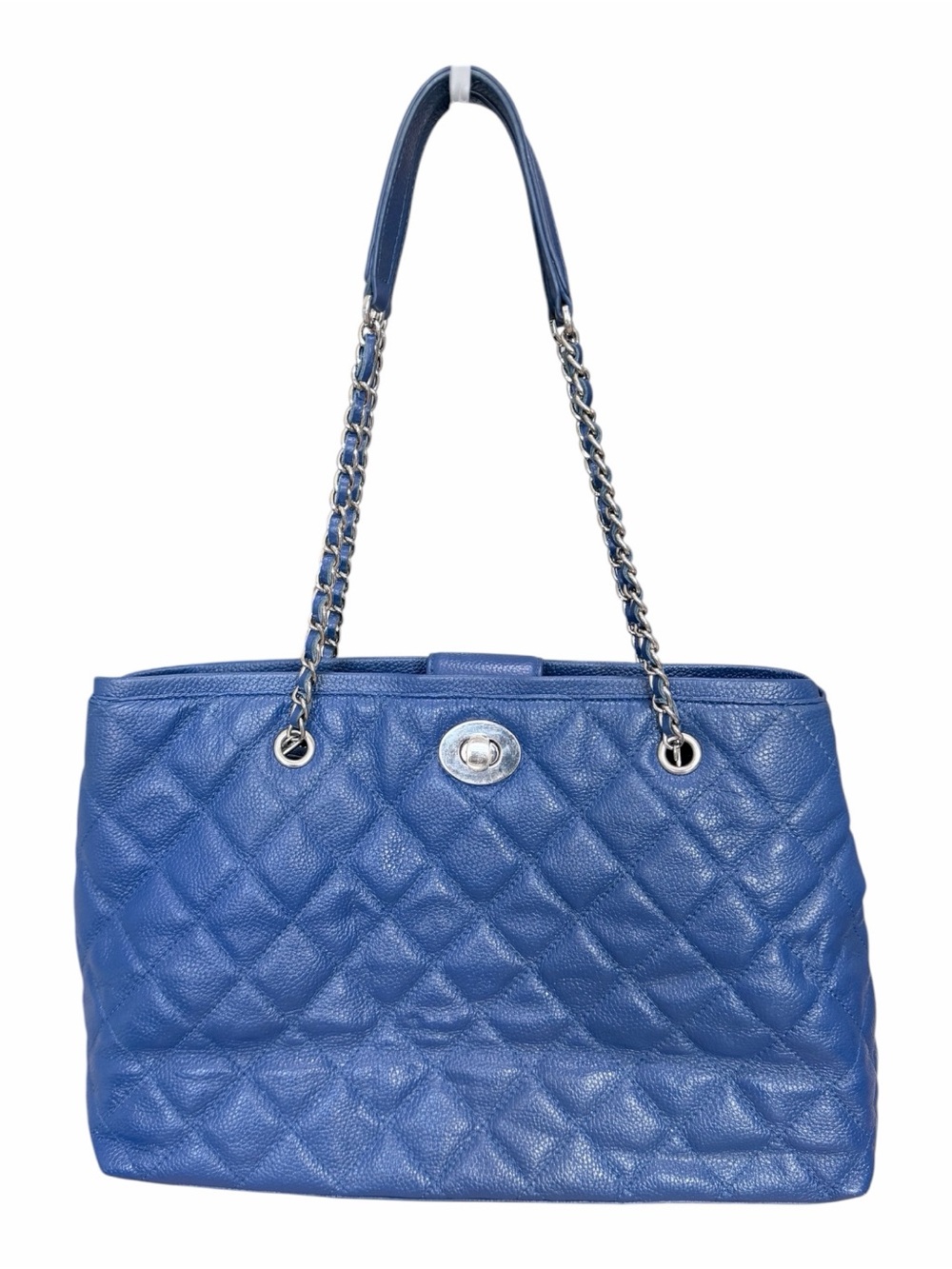 Zenith Quilted Blue Leather Chain-Handle Tote Bag